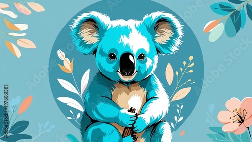 Turquoise koala on a pastel blue background in a clean decorative and smooth digital art style simple illustration