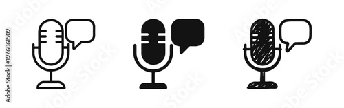 Microphone with speech bubble icon set. Podcast, voice message, and audio recording symbols in various styles.