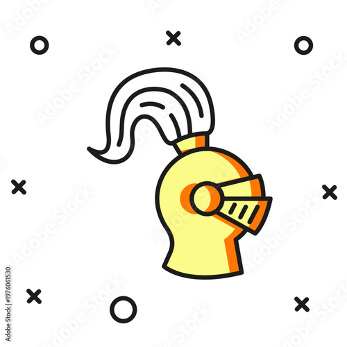 Filled outline Medieval iron helmet for head protection icon isolated on white background. Knight helmet. Flat filled outline style with shadow. Vector