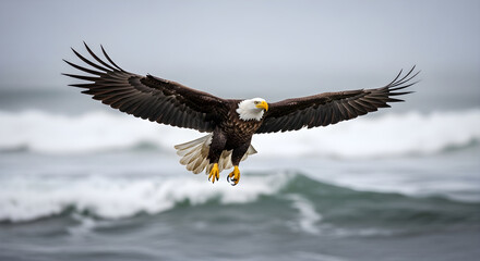 Majestic bald eagle in flight over turbulent ocean waves