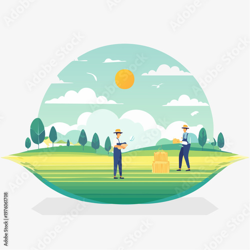 Flat design illustration of farmers performing rural harvest, diligently stacking hay in green fields under a bright sky. Depicts seasonal agricultural work and farm life