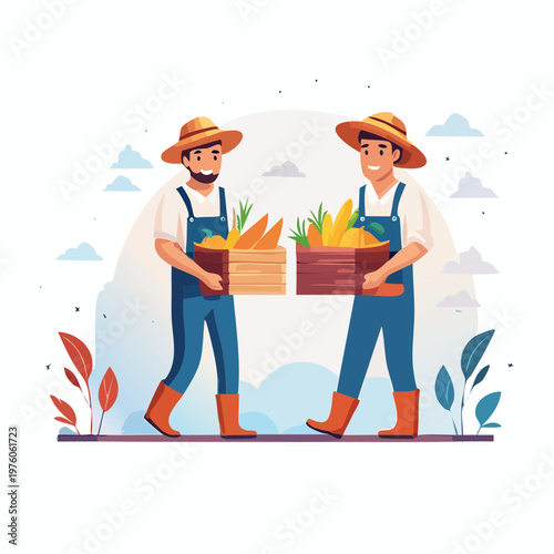 Two cheerful male farmers in straw hats and overalls happily carry wooden crates brimming with fresh farm produce, showcasing a bountiful harvest and collaborative spirit for sustainable agriculture