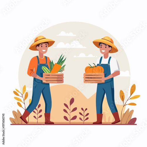 Two cheerful farmers collaborating to transport an abundant harvest of fresh produce, showcasing successful sustainable farming and a healthy lifestyle
