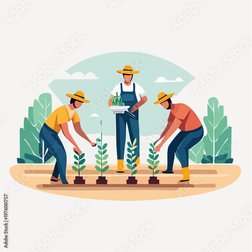 Three dedicated farmers diligently planting young seedlings in a row, fostering sustainable agriculture and community gardening practices for a greener future and bountiful harvest