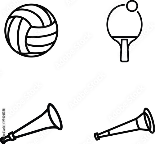 Minimalist sports icon set with volleyball, table tennis paddle, and vuvuzela horns. Black outline vector illustrations for athletic competition and fan support.