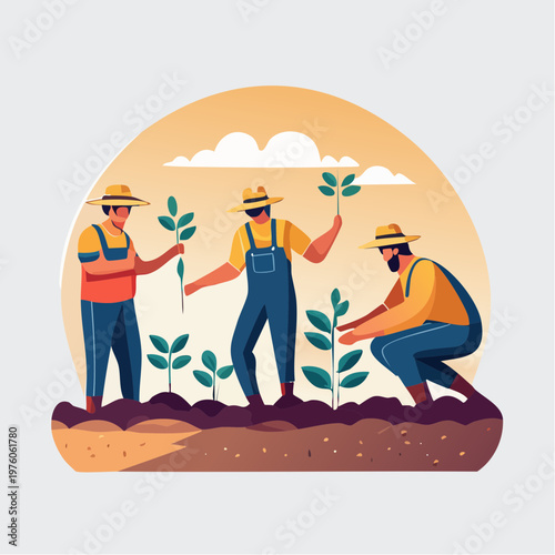 Dedicated farmers planting fresh seedlings in fertile soil, an illustration of collaborative agricultural work, sustainable cultivation, and the vital process of food growth