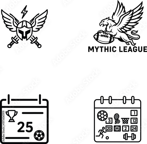 Mythic League sports logo set, Spartan warrior helmet with wings and swords, athletic event calendar icons, black and white vector graphics