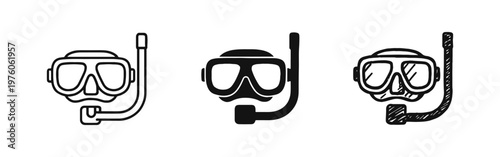 Snorkel mask icon set. Diving, underwater swimming, and summer activity symbols in various styles.