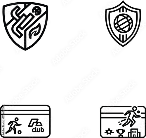Soccer club membership icons set, football team crest and shield emblems, athletic sports identity vector elements for fan club branding