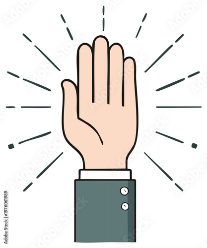 Illustrated hand reaching out palm forward with bright radiating lines indicating stop or welcome gesture