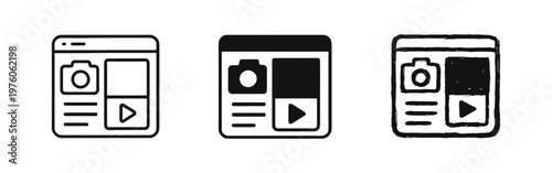 Web page with media content icon set. Website, blog, and online portfolio symbols in various styles.