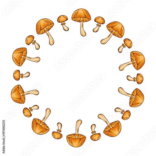 Wreath with Autumn Skullcap inedible mushroom in cartoon. Decorative forest fungi for menu design, organic package and culinary wallpaper.