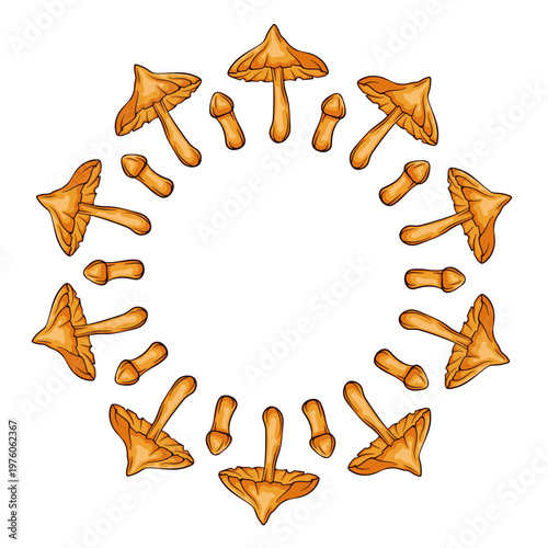 Deadly Webcap mushroom wreath in cartoon. Decorative forest inedible fungi composition for kitchen design and organic package.