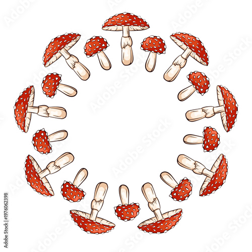 Fly agaric mushroom border in cartoon. Decorative forest inedible fungi for menu design, store package and botanical graphic.