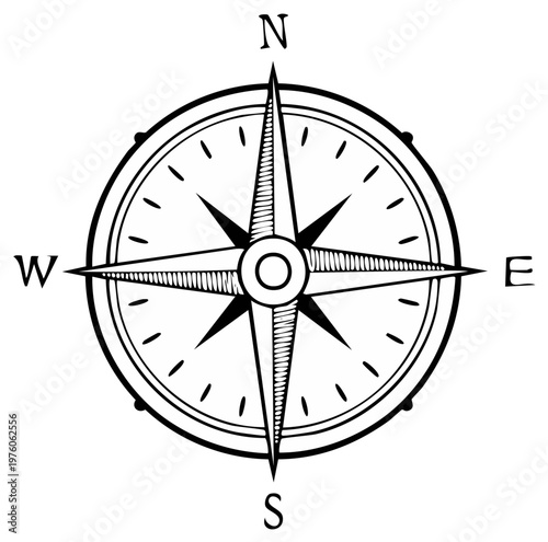 Vintage styled compass rose illustration showing cardinal directions north south east west for navigation and exploration