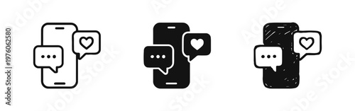 Mobile phone with chat and like icons set. Social media, messaging, and communication symbols in various styles.