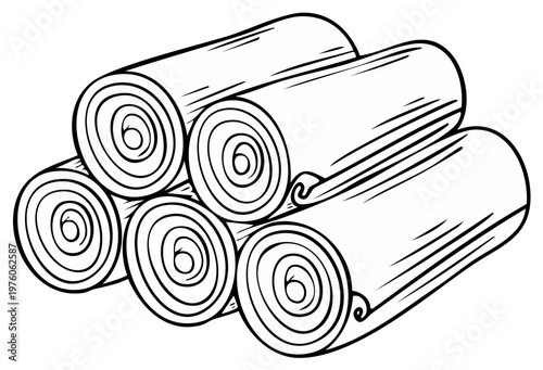 Five tightly rolled towels stacked, line art graphic illustration style for laundry or bathroom decor ideas.