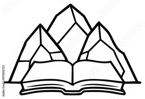 Mountain Peaks Over Open Book, Linear Graphic, Adventure Learning, Education Concepts