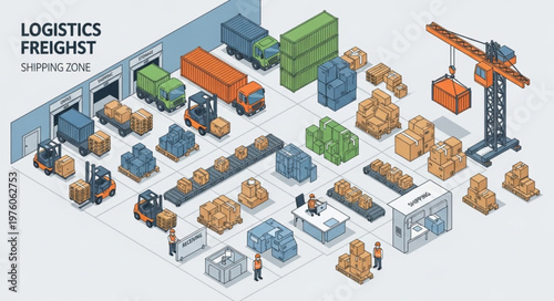 Isometric Logistics Freight Set - Trucks, Containers, Forklifts, and Cranes.