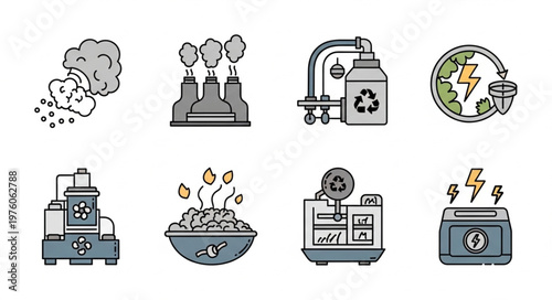 Icons Depicting Pollution, Recycling, and Energy Generation.