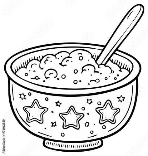 Cartoon illustration of a bowl of cereal with a spoon, decorated with stars, ready for breakfast.