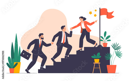 Teamwork helps achieve business success and reach goals with flat design teamwork business achievement leadership climbing collaboration partnership progress motivation illustration