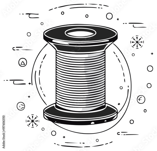 Black and white illustration of a spool of thread with decorative circular elements