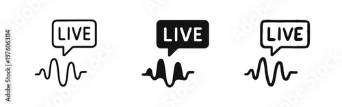 Live stream icon set. Broadcast, live event, and audio waves symbols in line, glyph, and hand drawn styles.
