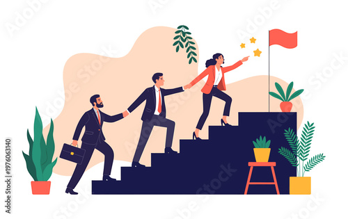 Teamwork helps achieve business success and reach goals with flat design teamwork business achievement leadership climbing collaboration partnership progress motivation illustration
