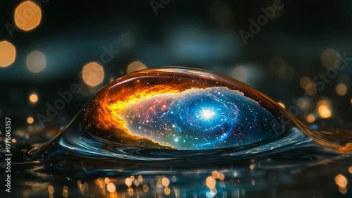 Colorful cosmic bubble creates ripples in water, showcasing the beauty of the universe in a stunning visual representation