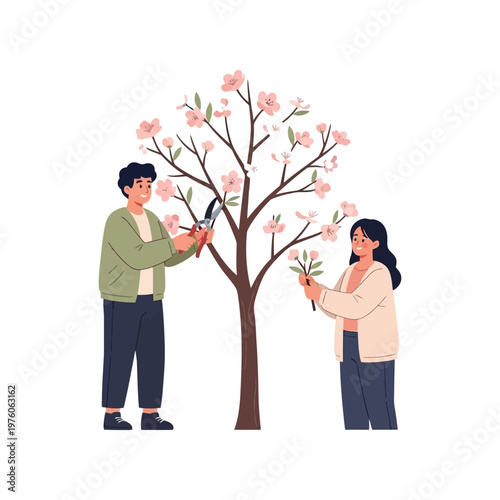Couple pruning pink cherry blossom tree in flat illustration style with soft pastel colors for gardening or landscaping