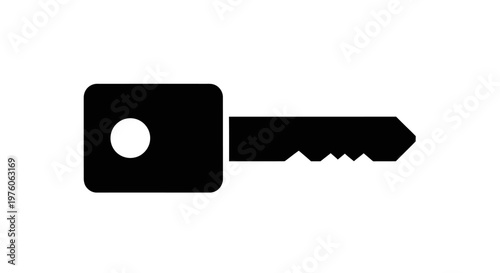 A simple black silhouette of a generic key with a round hole on the bow, set against a plain white background.