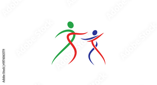 Stylized graphic of two abstract human figures, one larger in green and red, and one smaller in blue and red, interacting or dancing.