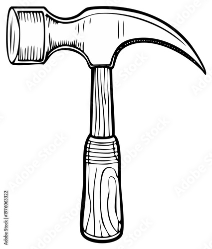 Hand-drawn wooden-handle hammer with a forged steel head is tool for carpentry, crafting, or construction tasks.
