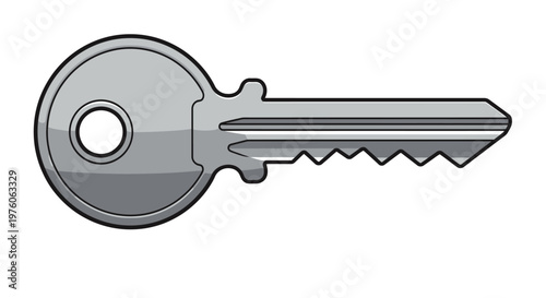 A detailed illustration of a single, silver-colored metal key with a round head and serrated blade, depicted on a white background.
