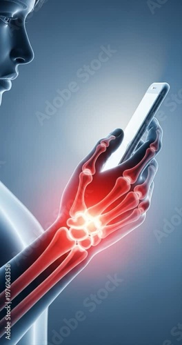 Medical illustration of hand holding device showing pain