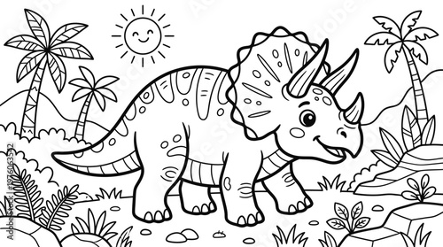 Triceratops Dinosaur Walking on Ground.