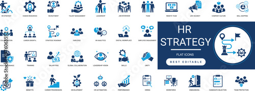hr strategy solid icon set. management, recruitment, talent, planning, remote, team, leadership, automation, workforce. editable vector illustration collection set.