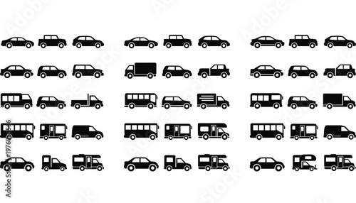 Vehicle silhouette icon set featuring cars, trucks, buses, vans, and transportation types in minimal black solid vector style