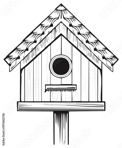 Stylized line art of wooden birdhouse with shingled roof atop a post, hand-drawn illustration ideal for coloring pages or nature themes