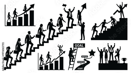 Business people climbing stairs to success.