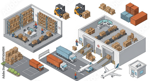 Isometric View of Logistics and Distribution Center Operations.
