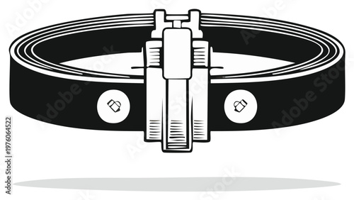 Close up of a black leather belt with a silver metal buckle and rivets shown from a top down perspective
