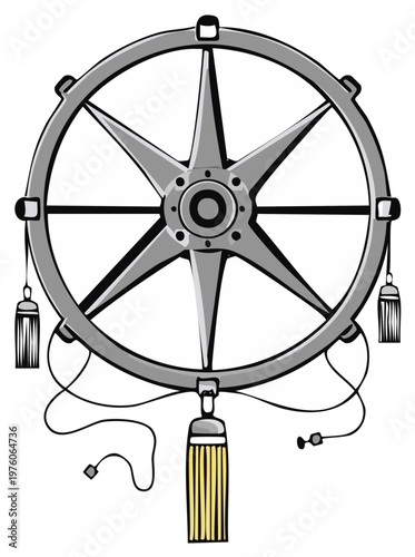 Nautical Steering Wheel With Decorative Tassels Ornate Emblem Maritime Symbol