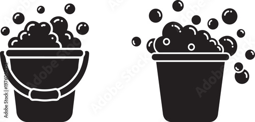 Bubbling Bucket Icons With Overflowing Suds Against White Background
