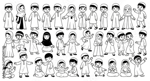 Group of diverse children in traditional attire, cultural representation.