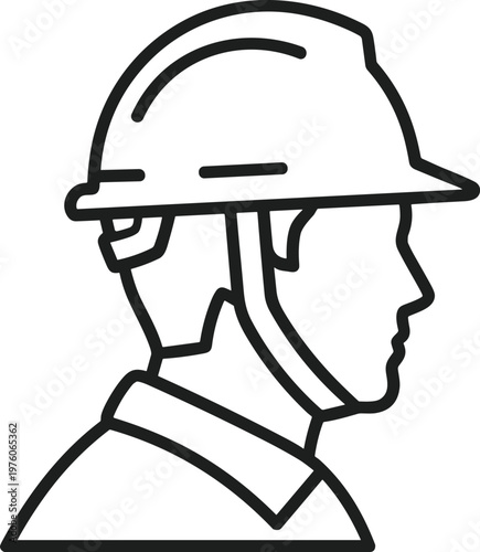 Black line drawing of a man wearing a hard hat on white background