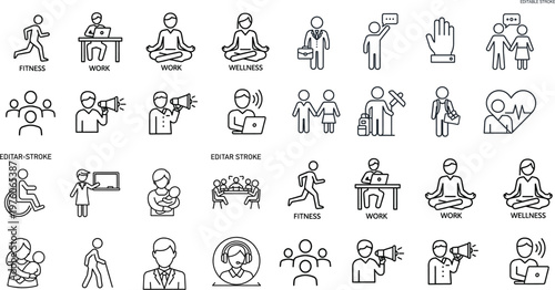 Wellness, Fitness, and Work Icon Set with Health, Productivity, Office, and Work-Life Balance Symbols for Professional and Personal Designs