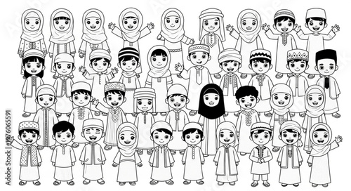 Group of diverse children in traditional attire, smiling and waving.