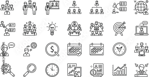 Business Strategy and Productivity Icon Set with Team Collaboration, Time Management, Scheduling, Targeting, and Financial Planning Symbols for Corporate and Professional Designs